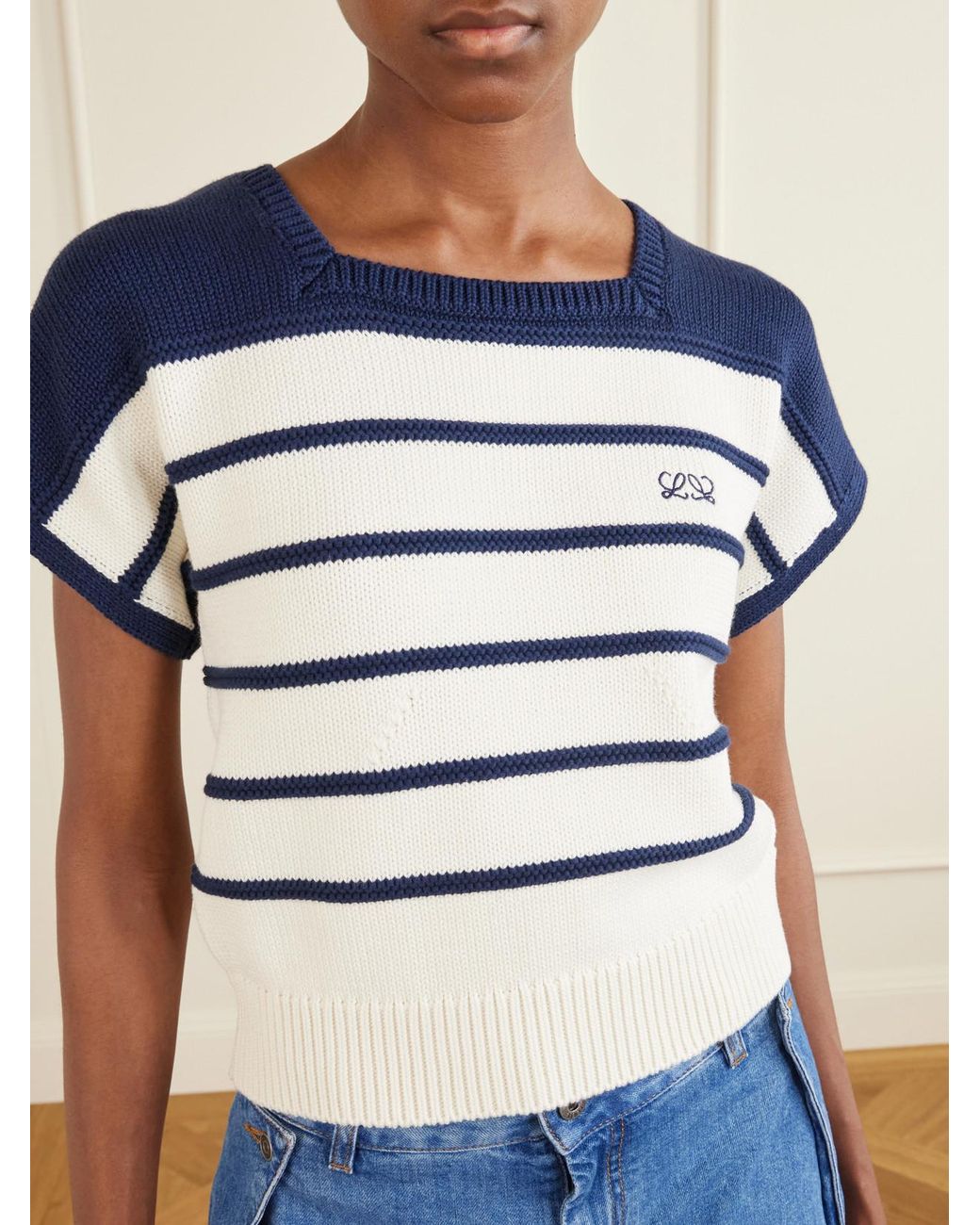 Loewe Blue Anagram-Embroidered Striped Cotton And Wool-Blend Sweater