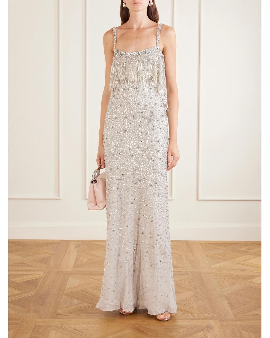 Jenny Packham White Iris Embellished Cape-Effect Georgette Gown