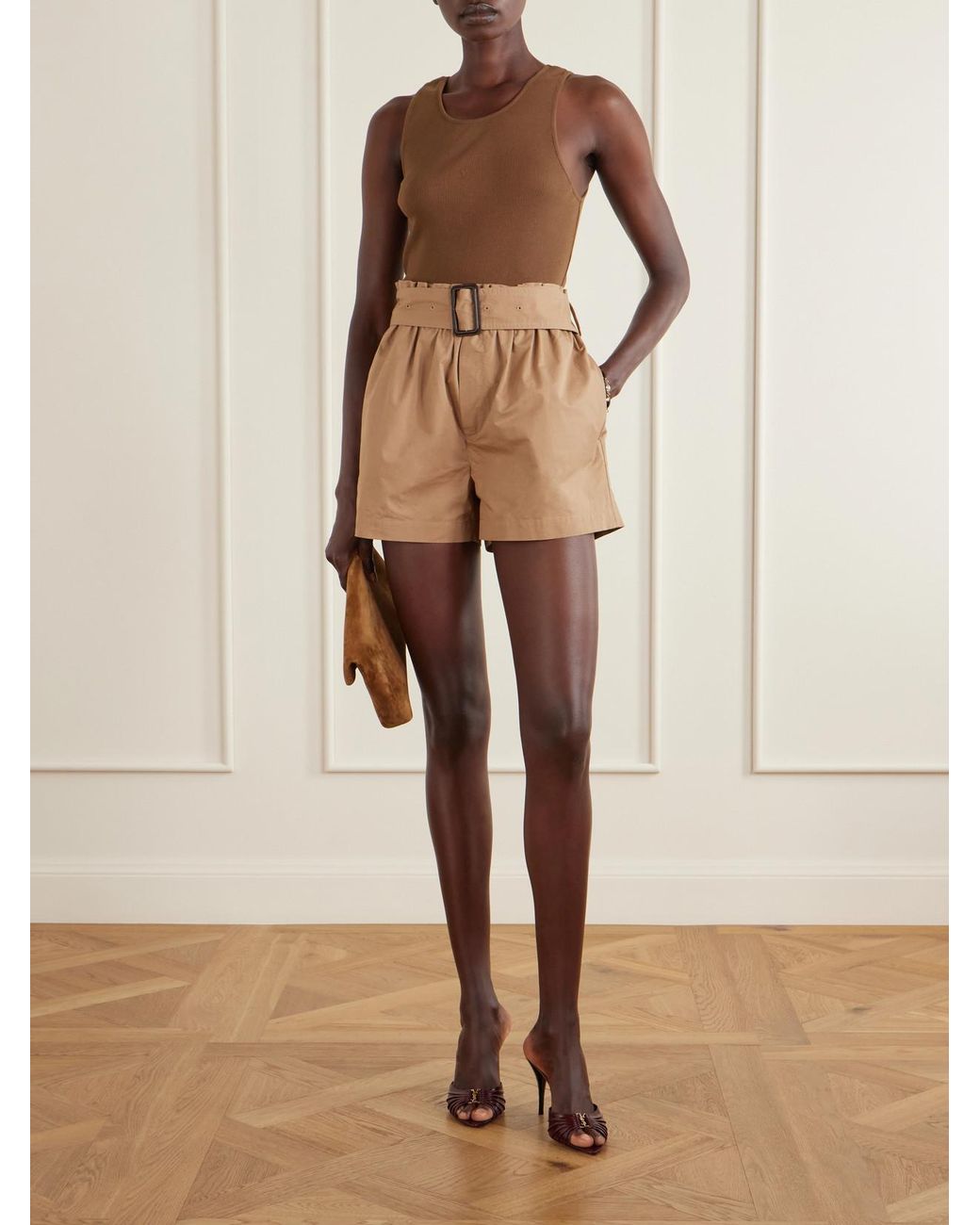 Saint Laurent Brown Cassandre Embroidered Ribbed Cotton-Jersey Tank