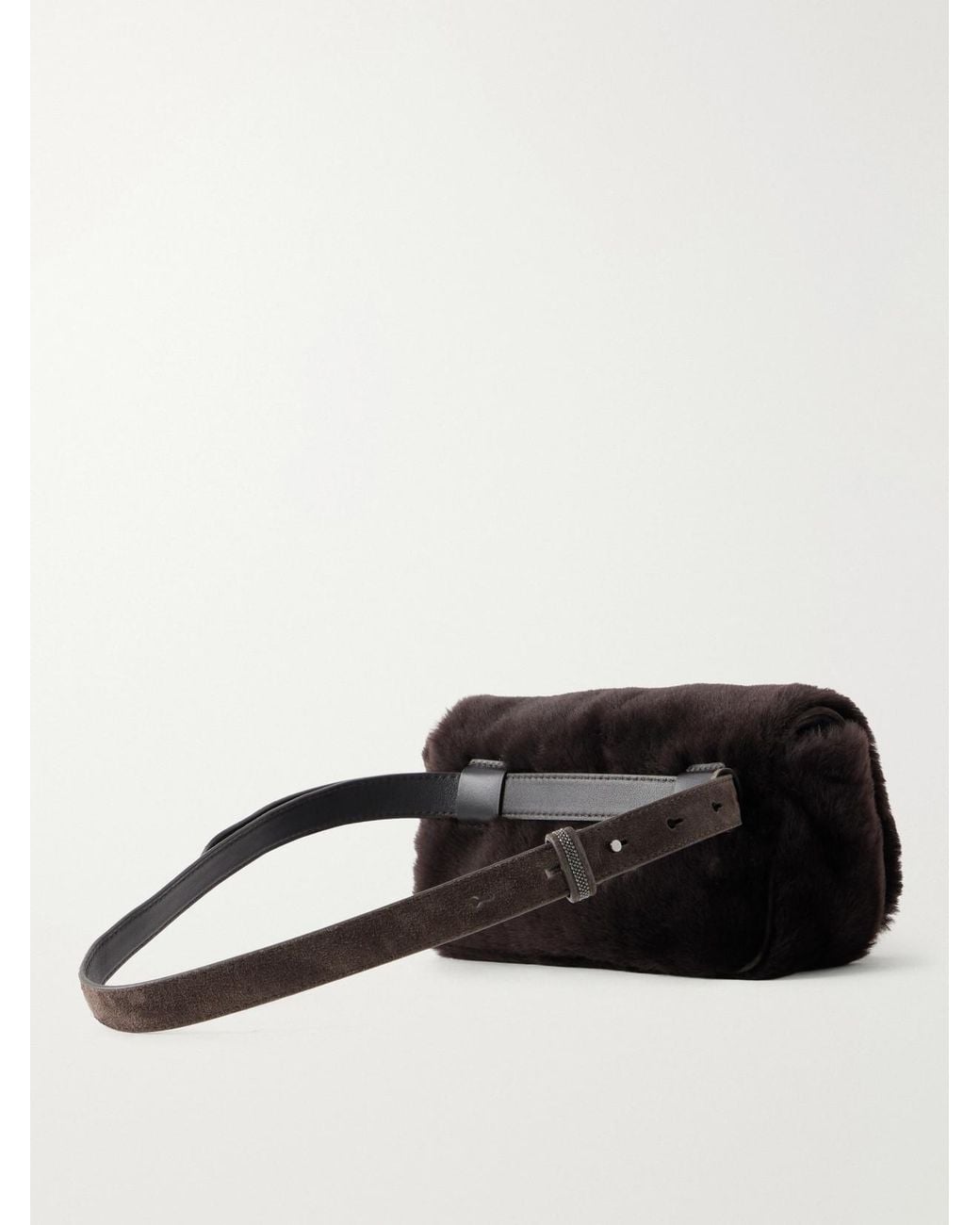 Brunello Cucinelli Black Bead-Embellished Suede-Trimmed Shearling Clutch Bag
