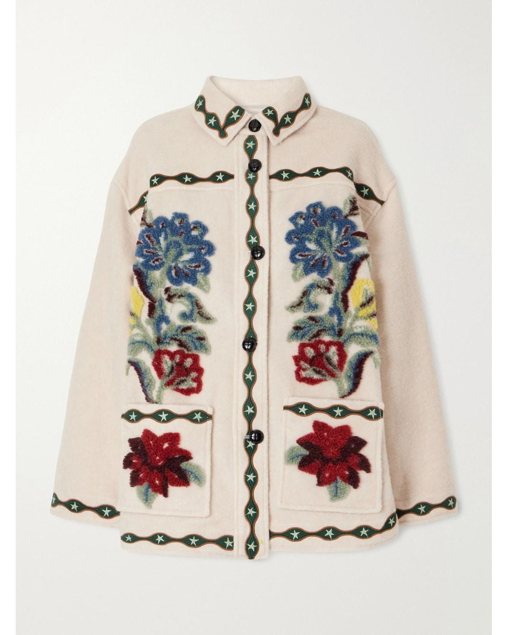 Farm Rio White Embroidered Tufted Fleece Coat