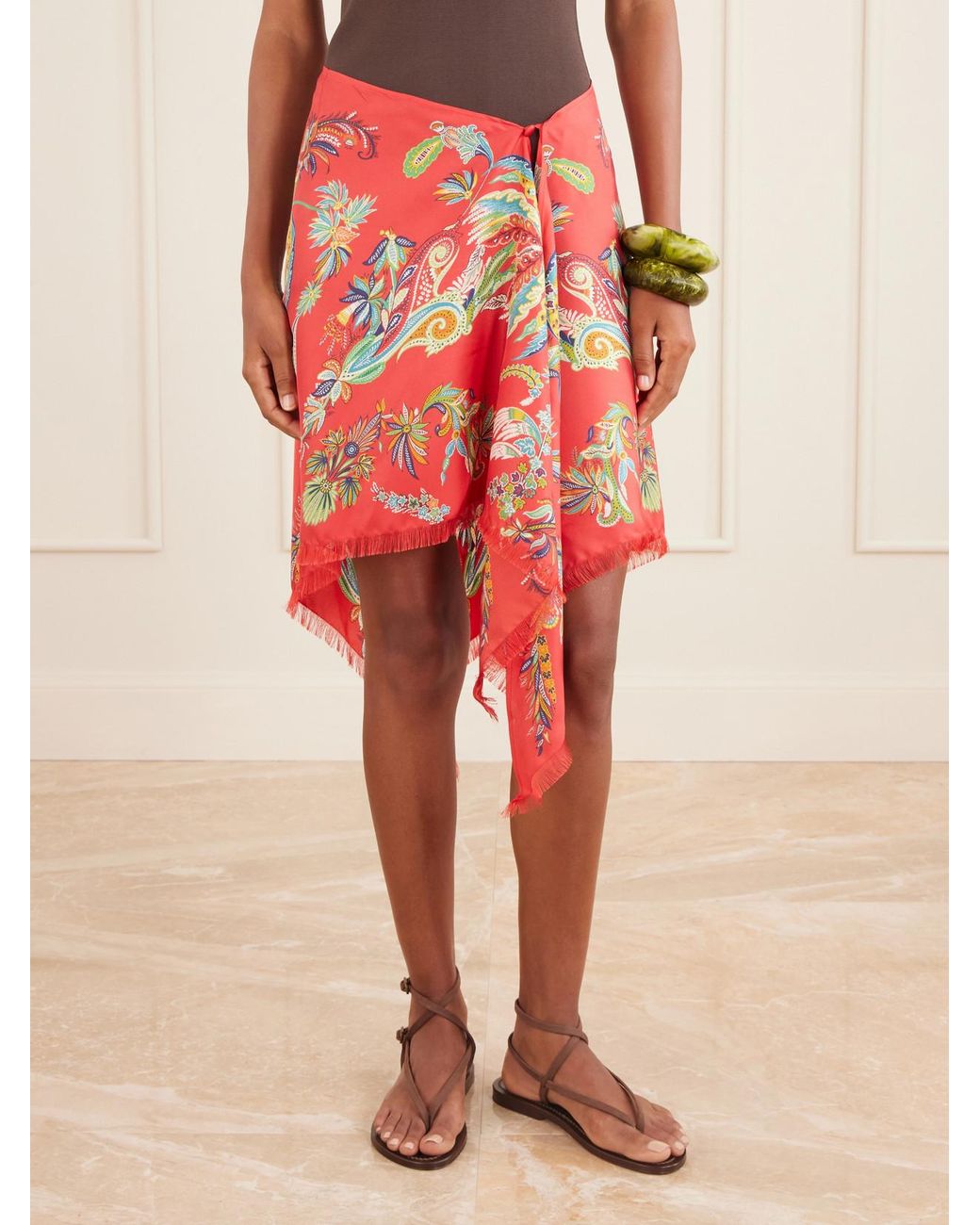 Etro Red Frayed Printed Twill Pareo
