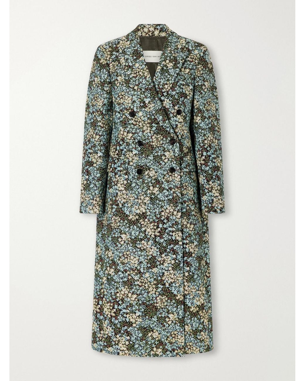 Dries Van Noten Green Double-Breasted Floral-Jacquard Coat