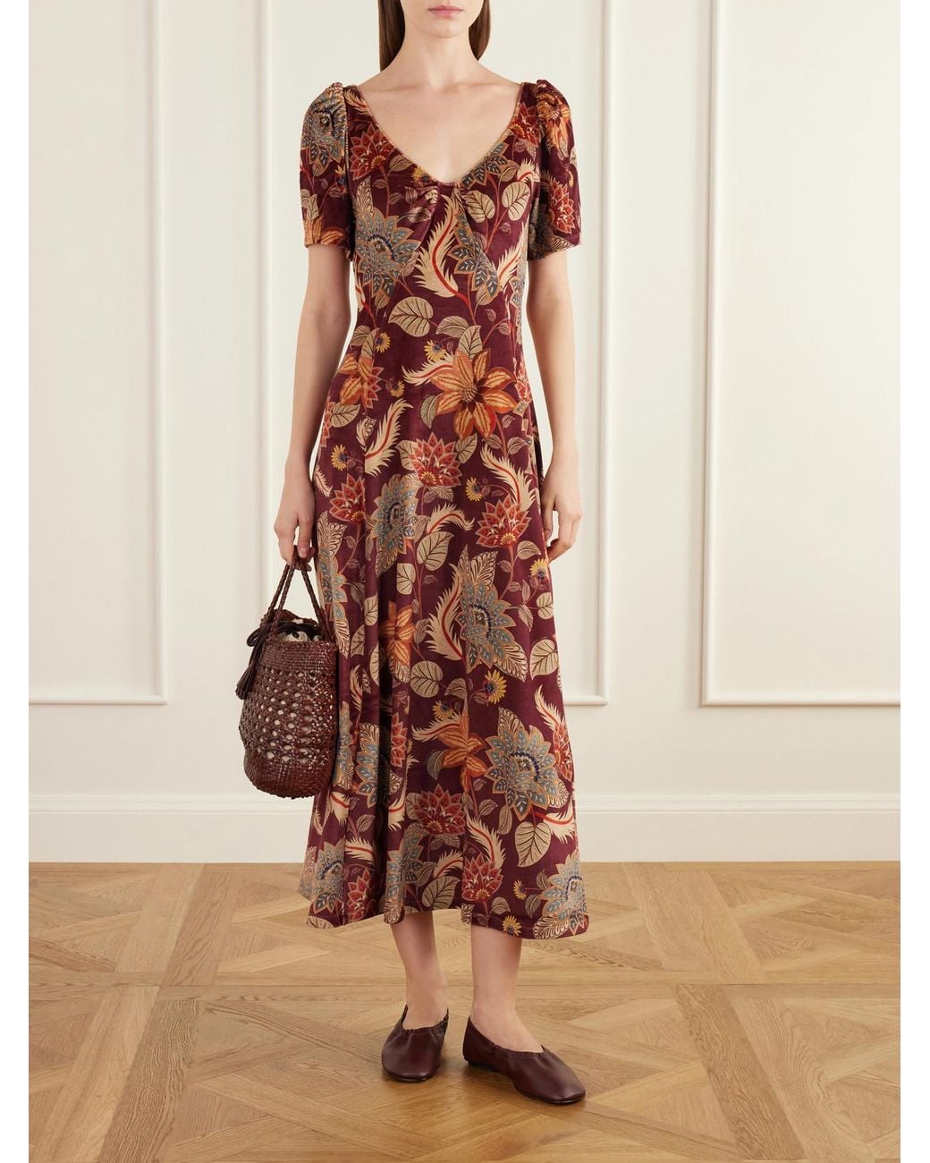 Farm Rio Red Delhi Printed Velvet Midi Dress