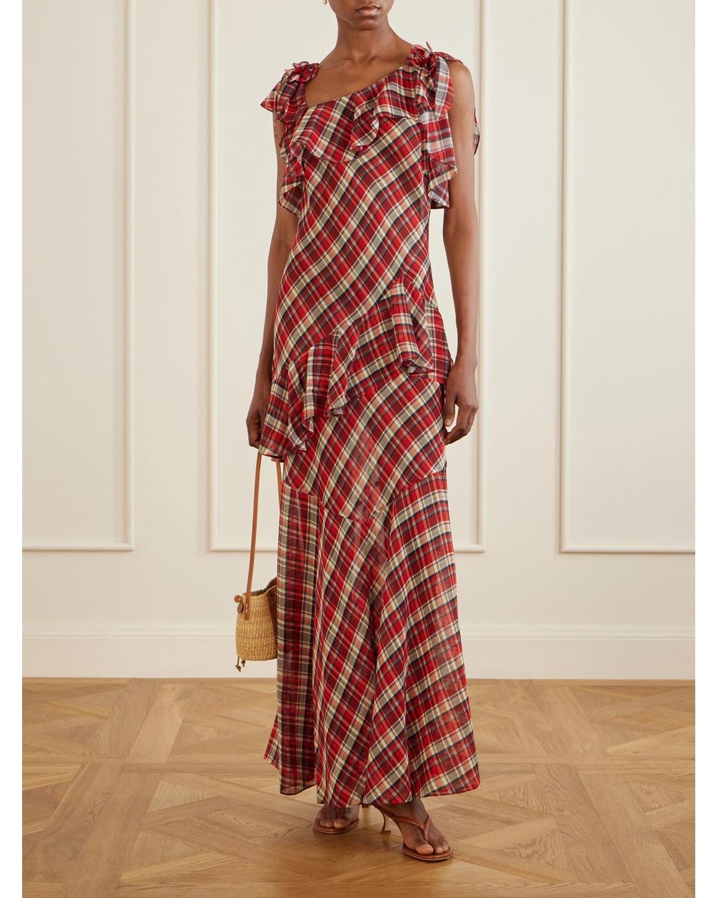 Doen Fernanda Ruffle Tiered Checked Silk-Satin Maxi Dress