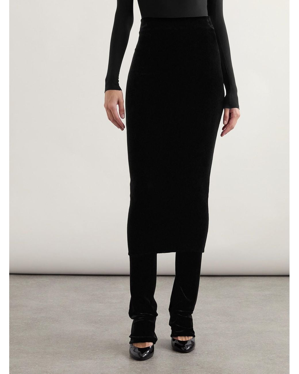 Alaïa Black Layered Stretch-Velvet Straight-Leg Pants