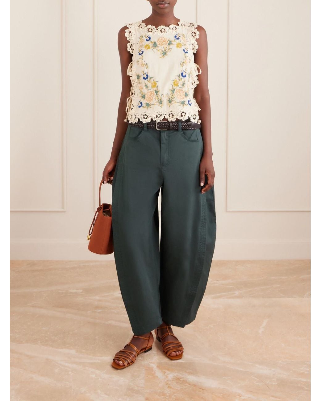 Sea Green Odessa Belted Cotton Wide-Leg Pants