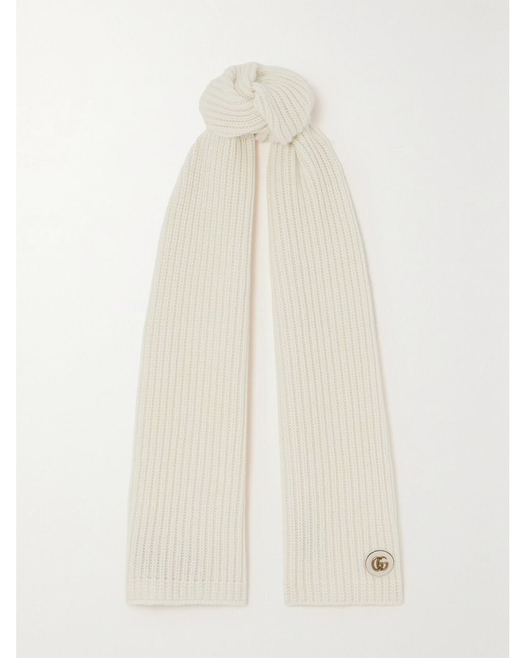 Gucci White Embellished Leather-Trimmed Ribbed Wool And Cashmere-Blend Scarf