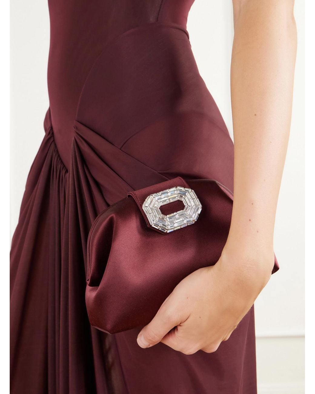 AMINA MUADDI Brown Camelia Crystal-Embellished Satin Clutch