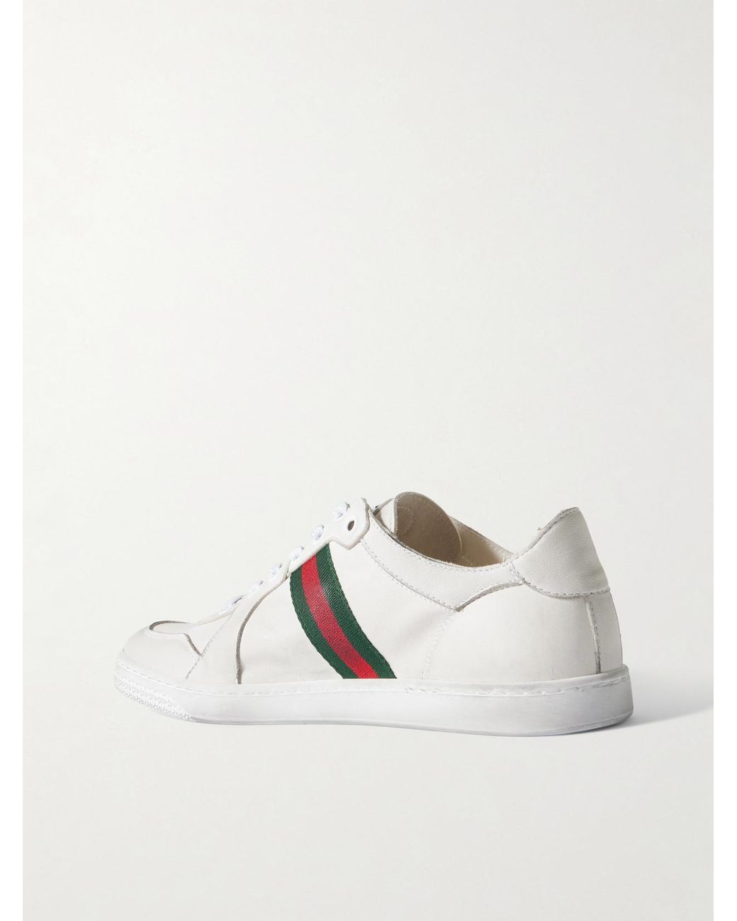 Gucci White Stretch Distressed Webbing-Trimmed Leather Sneakers