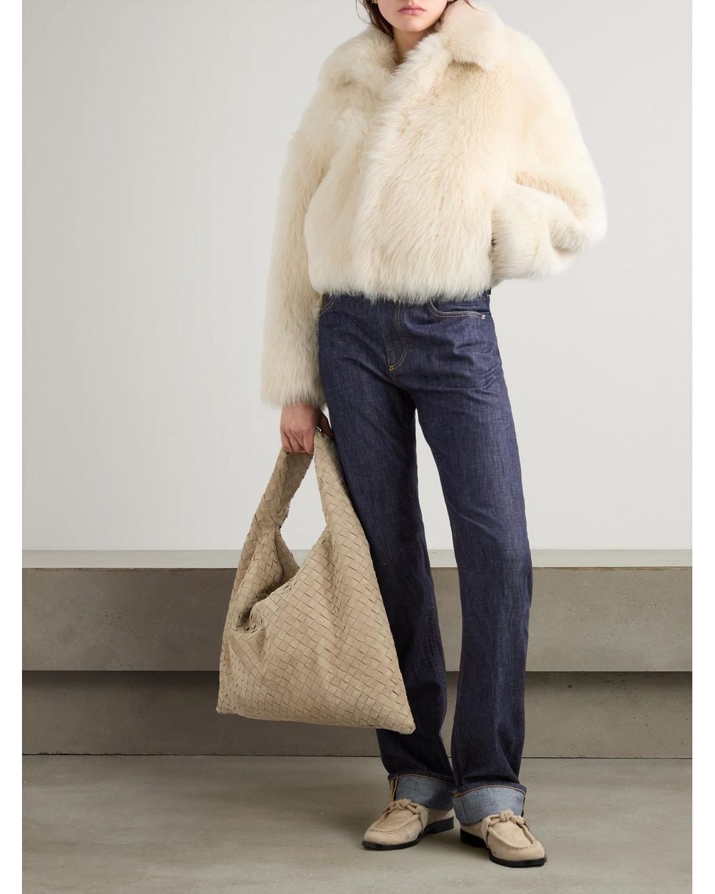 Bottega Veneta Blue Intrecciato Suede-Trimmed Mid-Rise Straight-Leg Jeans
