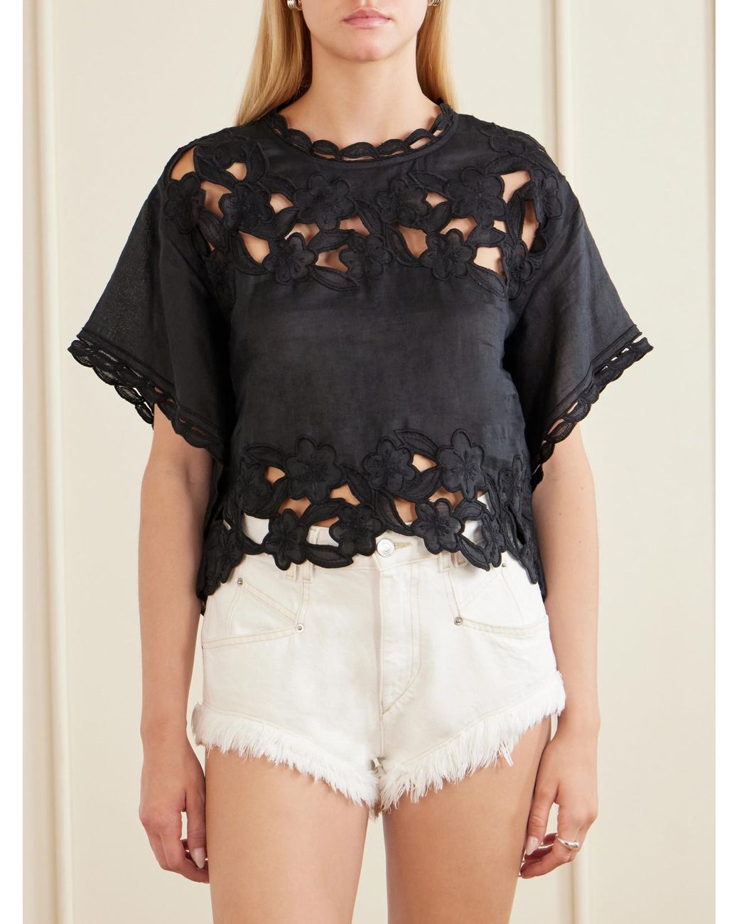 Isabel Marant Blue Relda Cropped Embroidered Ramie Blouse