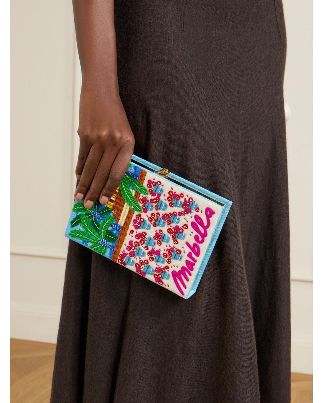 Olympia Le-Tan Pink Marbella Appliquéd Embroidered Canvas Clutch