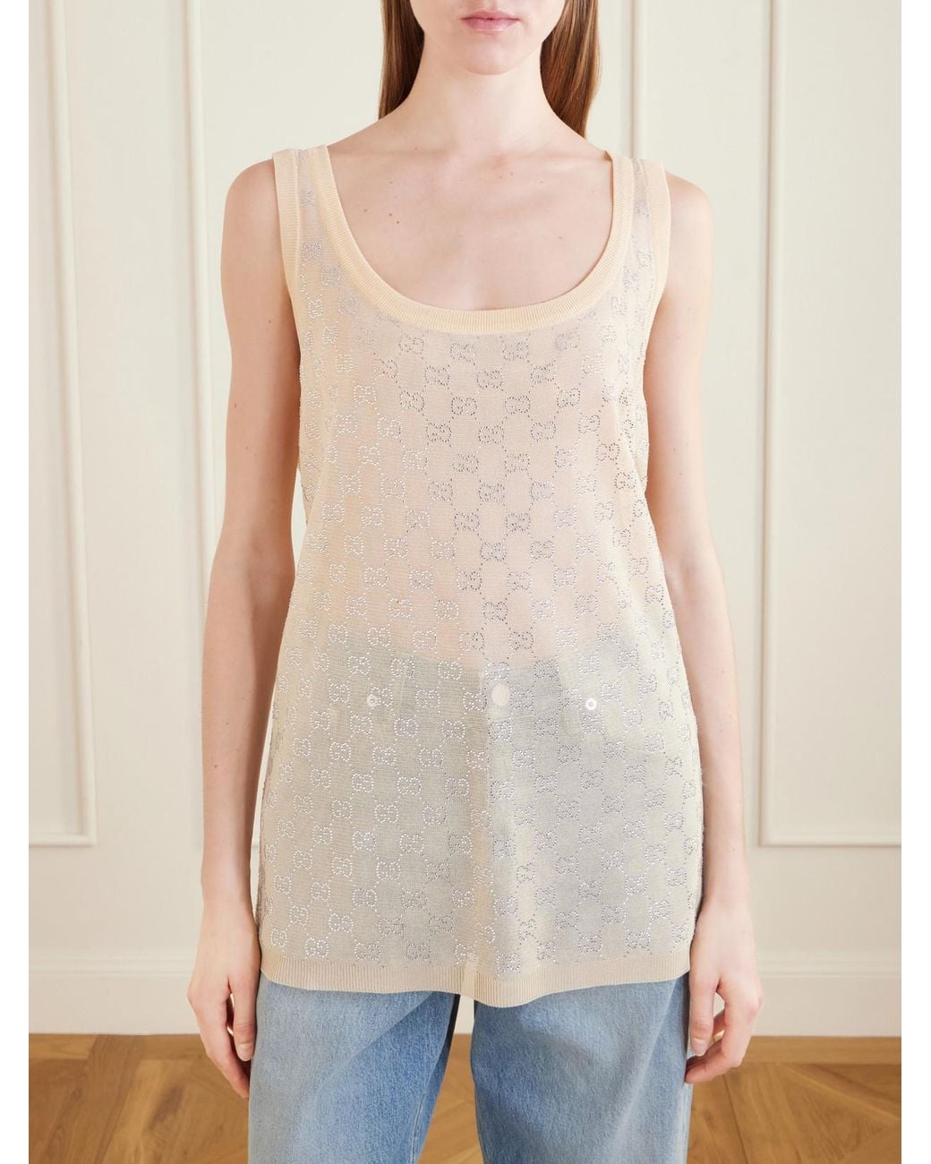 Gucci Natural Crystal-Embellished Knitted Silk Top