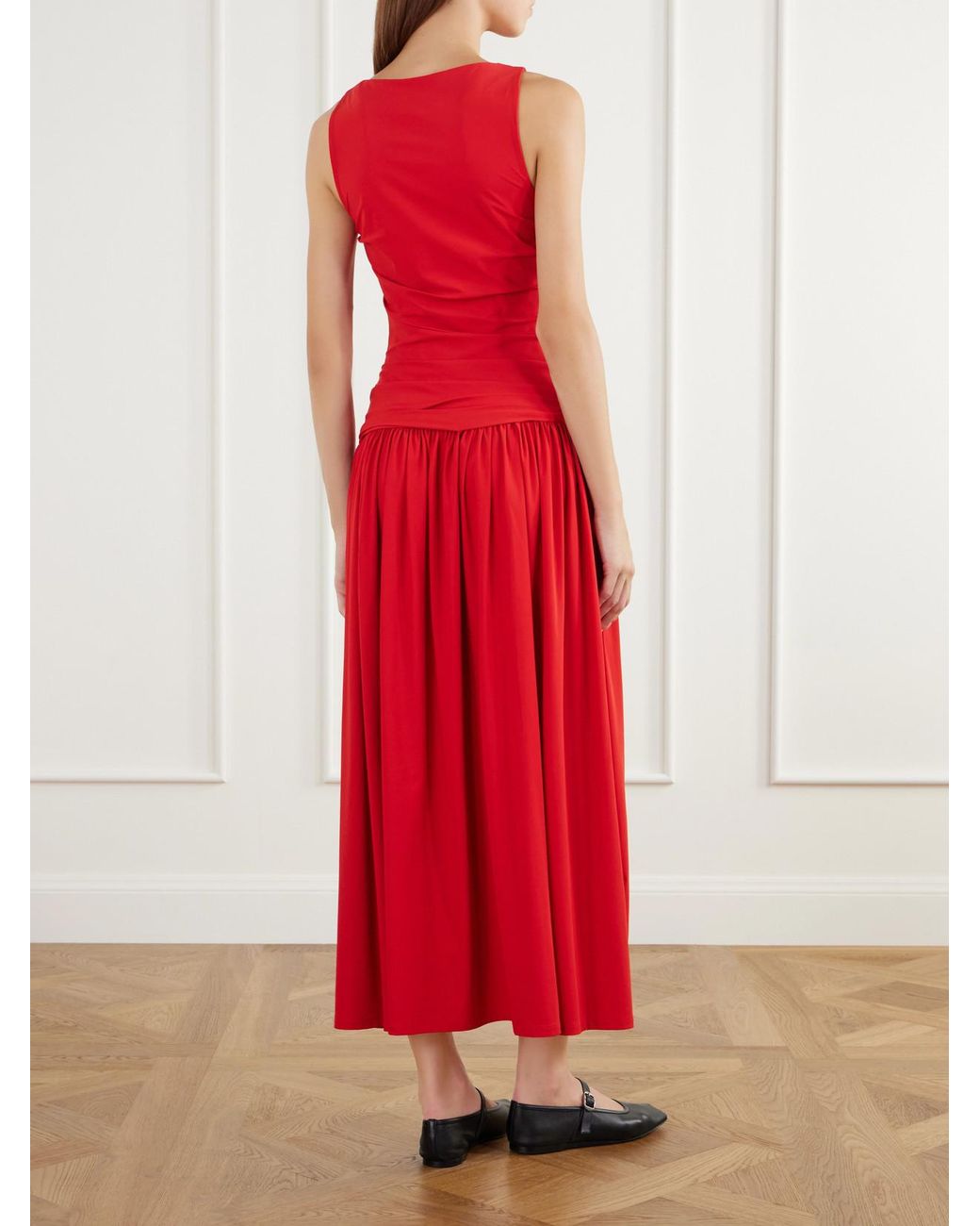 La Ligne Red Ruched Pleated Stretch-Jersey Midi Dress