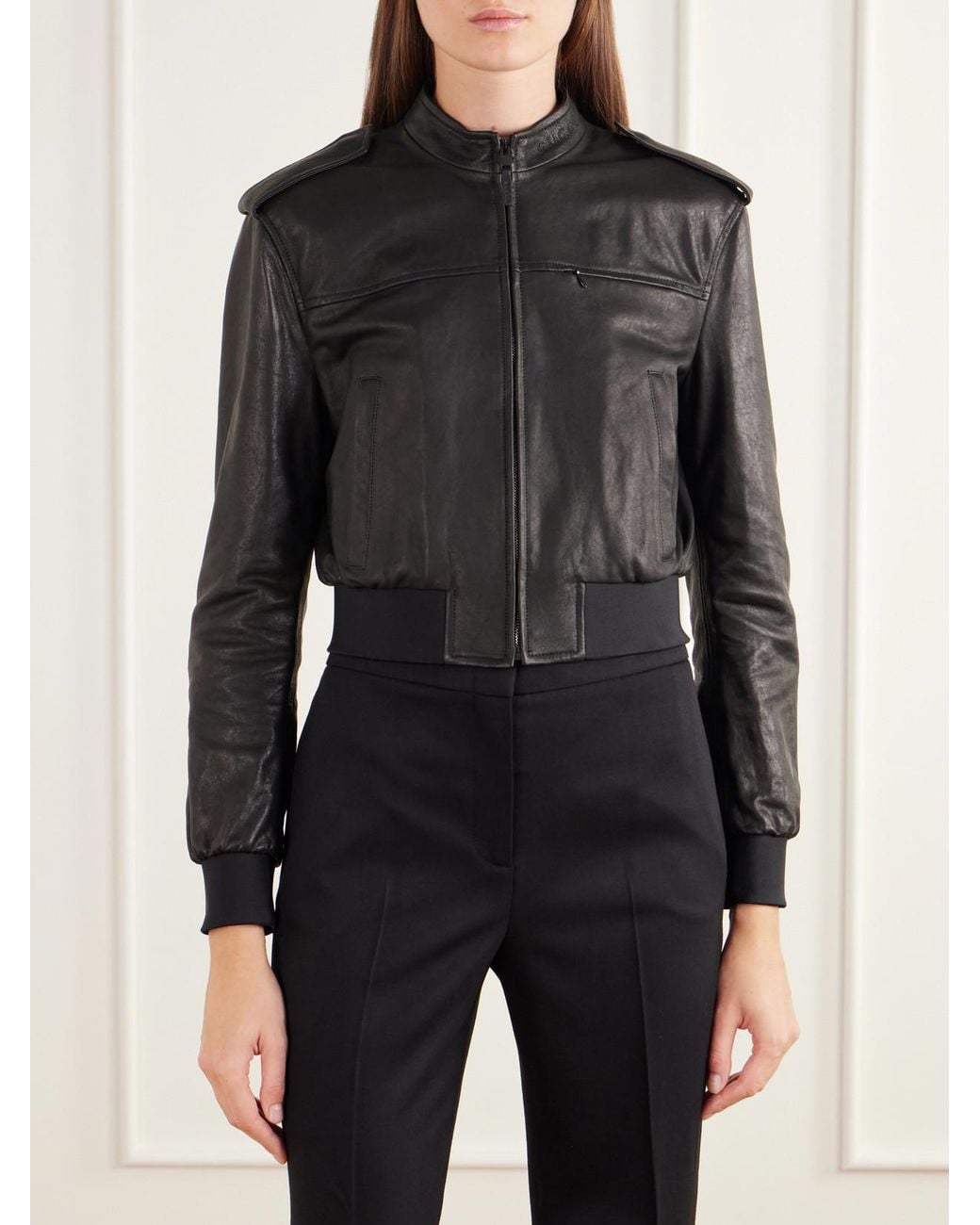 Gucci Black Cropped Paneled Rib-Trimmed Leather Jacket