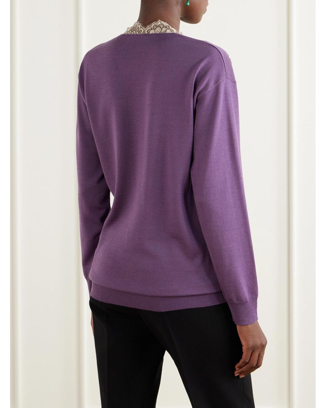 Valentino Garavani Purple Lace-Trimmed Virgin Wool Sweater
