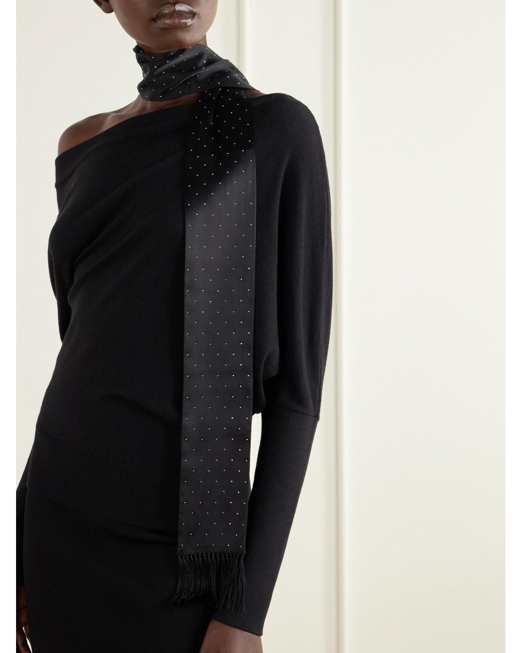 Tom Ford White Fringed Crystal-Embellished Silk-Satin Scarf
