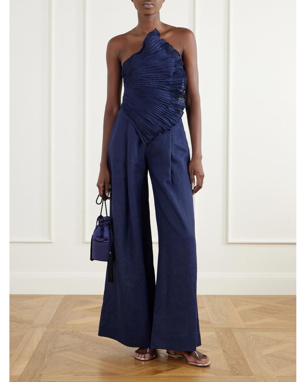 ANDRES OTALORA Blue Ainma Pleated Linen-Woven Jumpsuit
