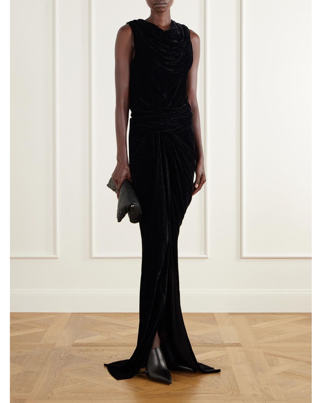 Rick Owens Black Strutter Draped Velvet Gown