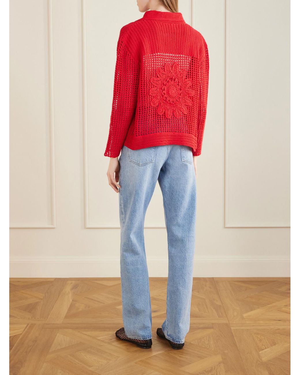 Escvdo Red Solar Open-Knit Cotton Cardigan