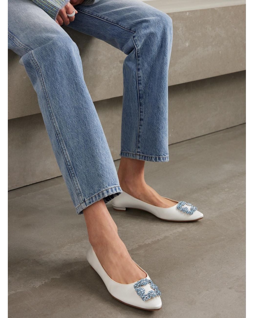 Manolo Blahnik Natural Hangisiflat Crystal-Embellished Satin Point-Toe Flats