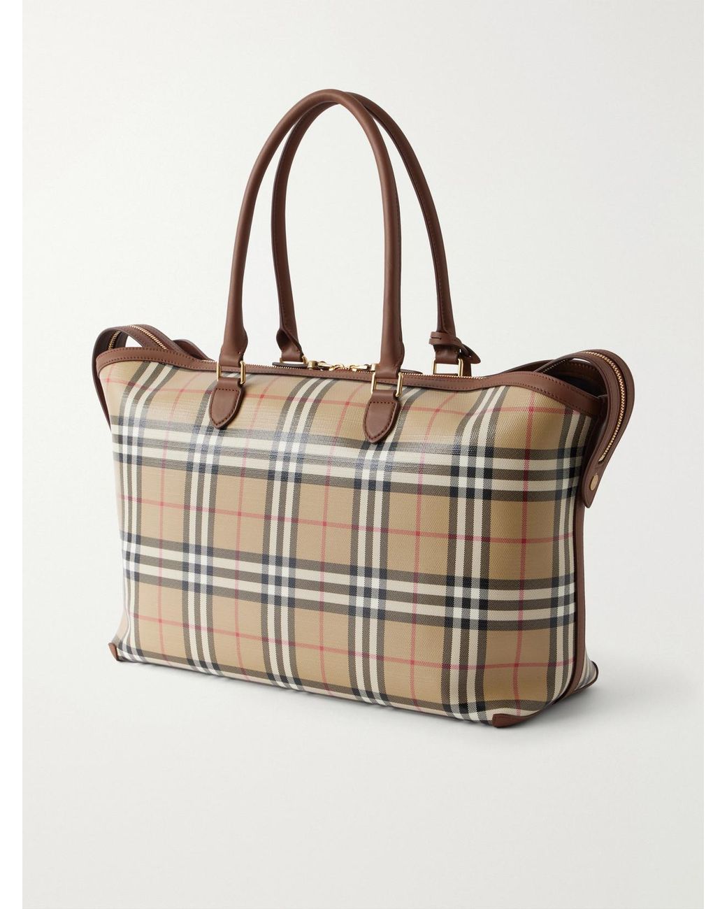 Burberry Natural Medium Check Zip Leather-Trimmed Tote