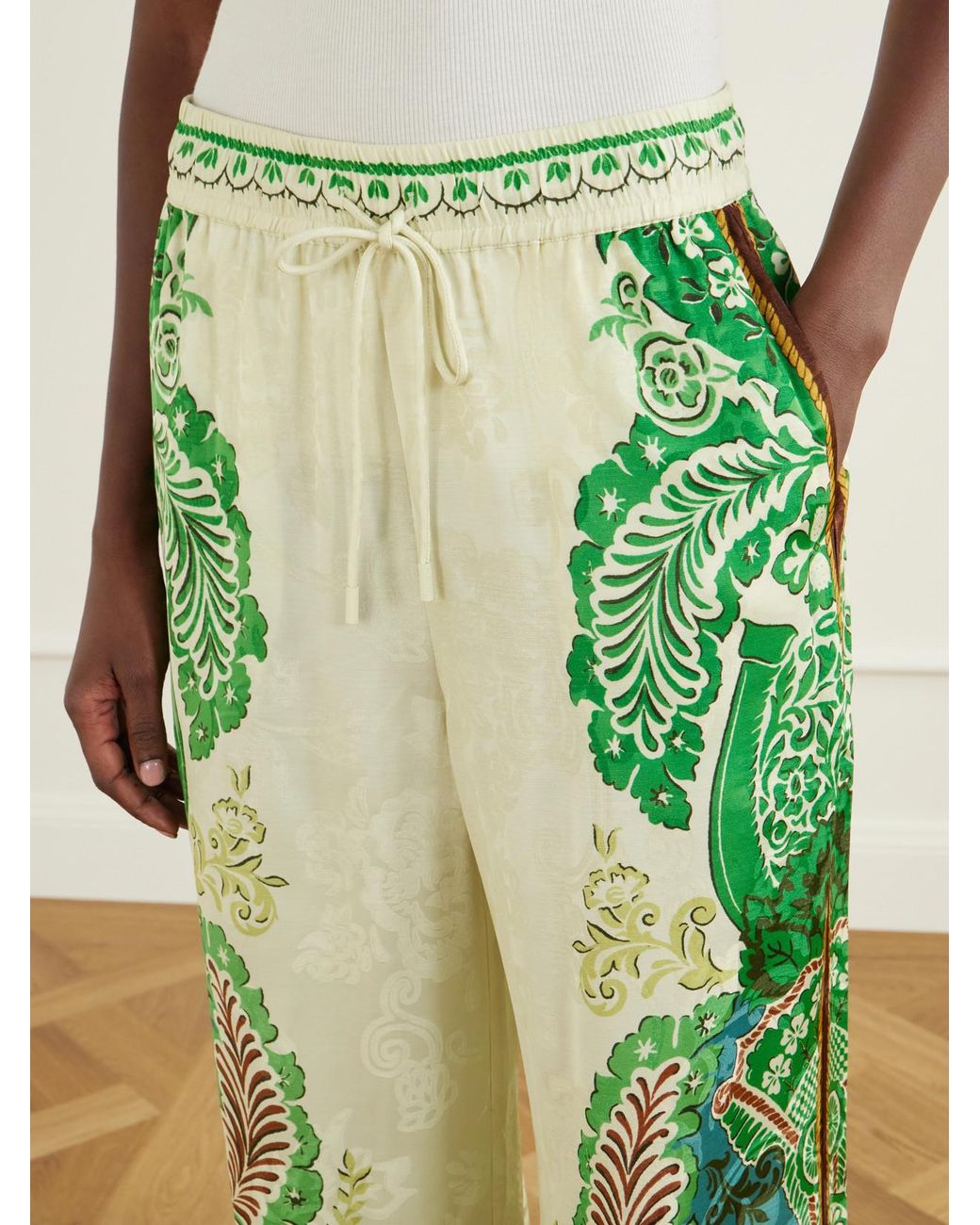 ALÉMAIS Green Florence Drawstring Floral-Print Satin-Jacquard Wide-Leg Pants