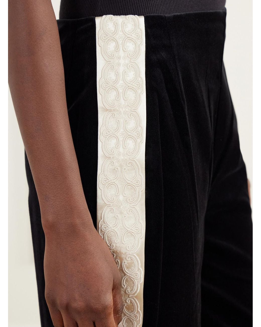 Posse Black Florian Cropped Embroidered Satin-Trimmed Cotton-Velvet Straight-Leg Pants