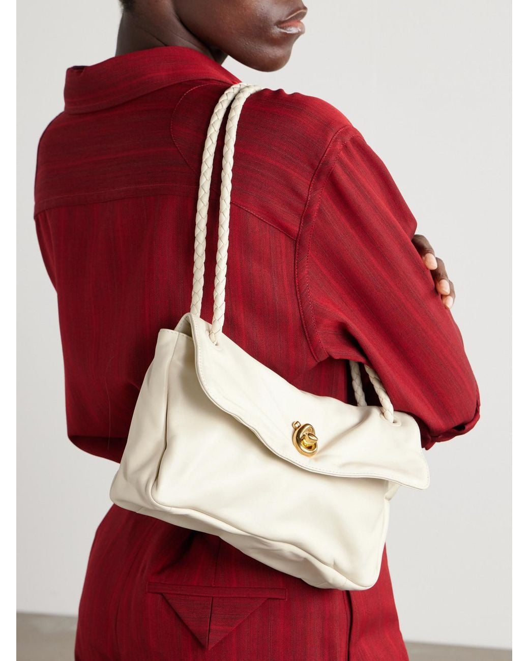Bottega Veneta Natural Madison Medium Intrecciato-Trimmed Leather Shoulder Bag