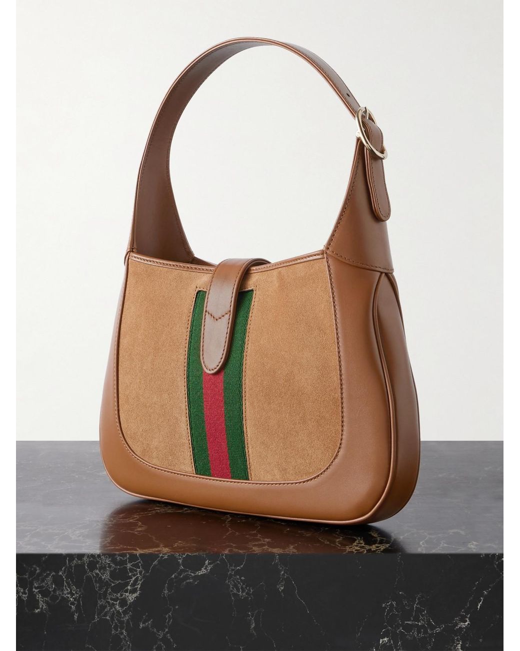 Gucci Brown Jackie 1961 Webbing-Trimmed Suede And Leather Shoulder Bag