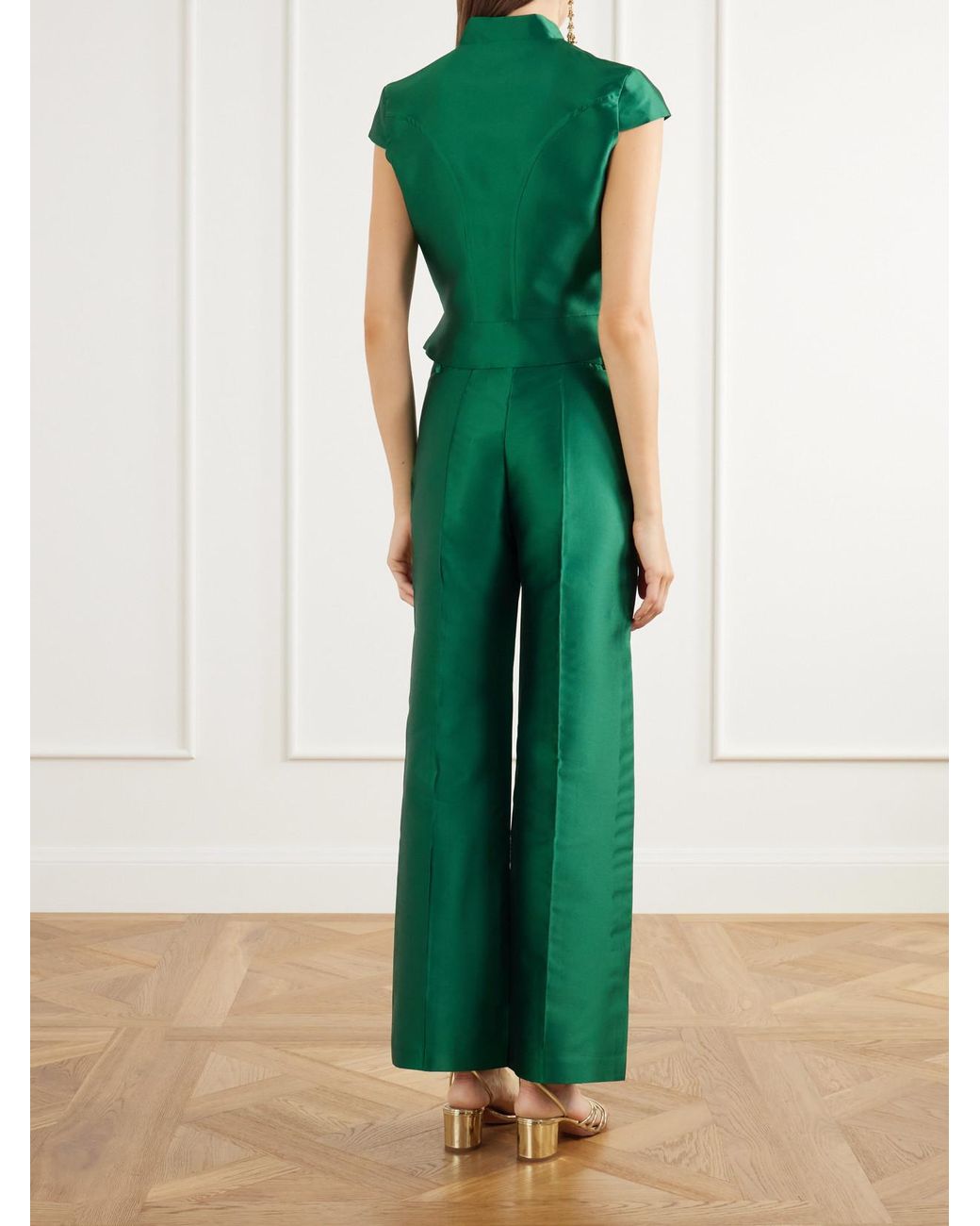 D'Estree Green Yoshitomo Pintucked Taffeta Straight-Leg Pants