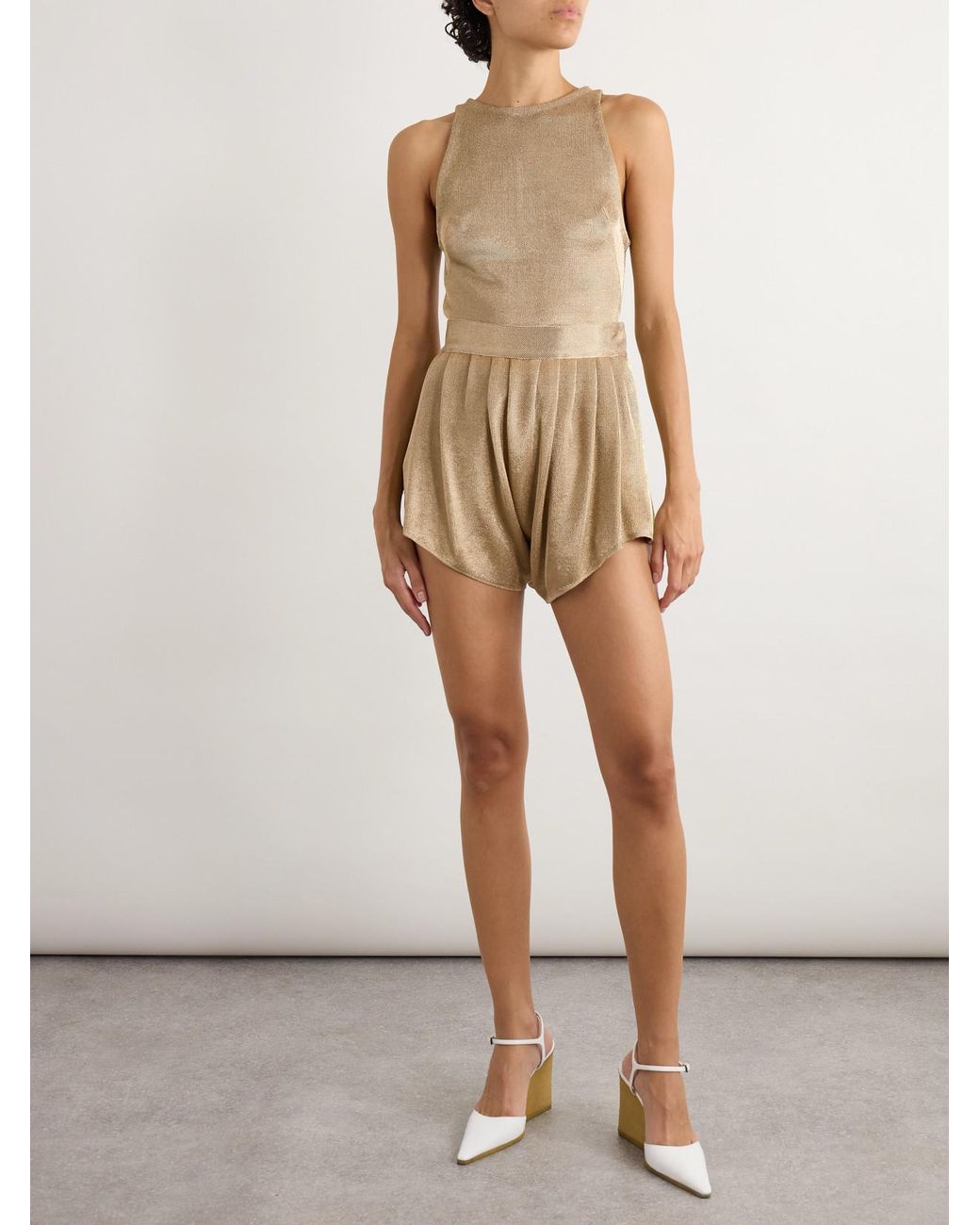 Alaïa Natural Gathered Metallic Knitted Shorts