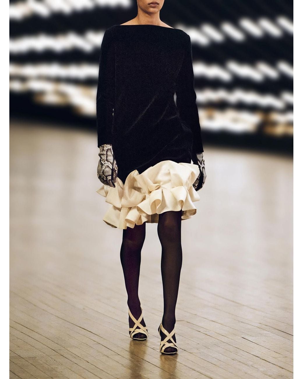Khaite Black Valetta Two-Tone Ruffled Cotton-Velvet Mini Dress