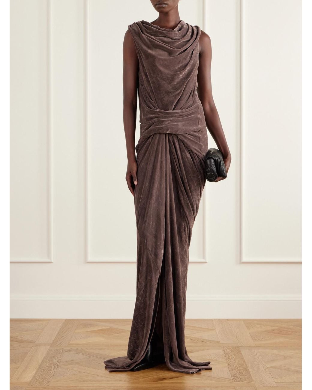 Rick Owens Natural Strutter Draped Velvet Floor-Length Gown
