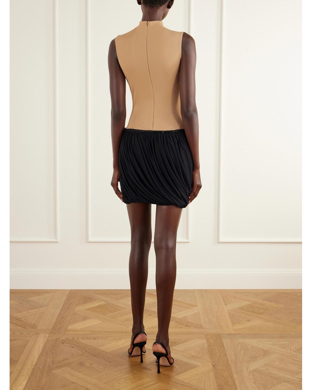 Abadia Black Draped Bead-Embellished Two-Tone Jersey Mini Dress