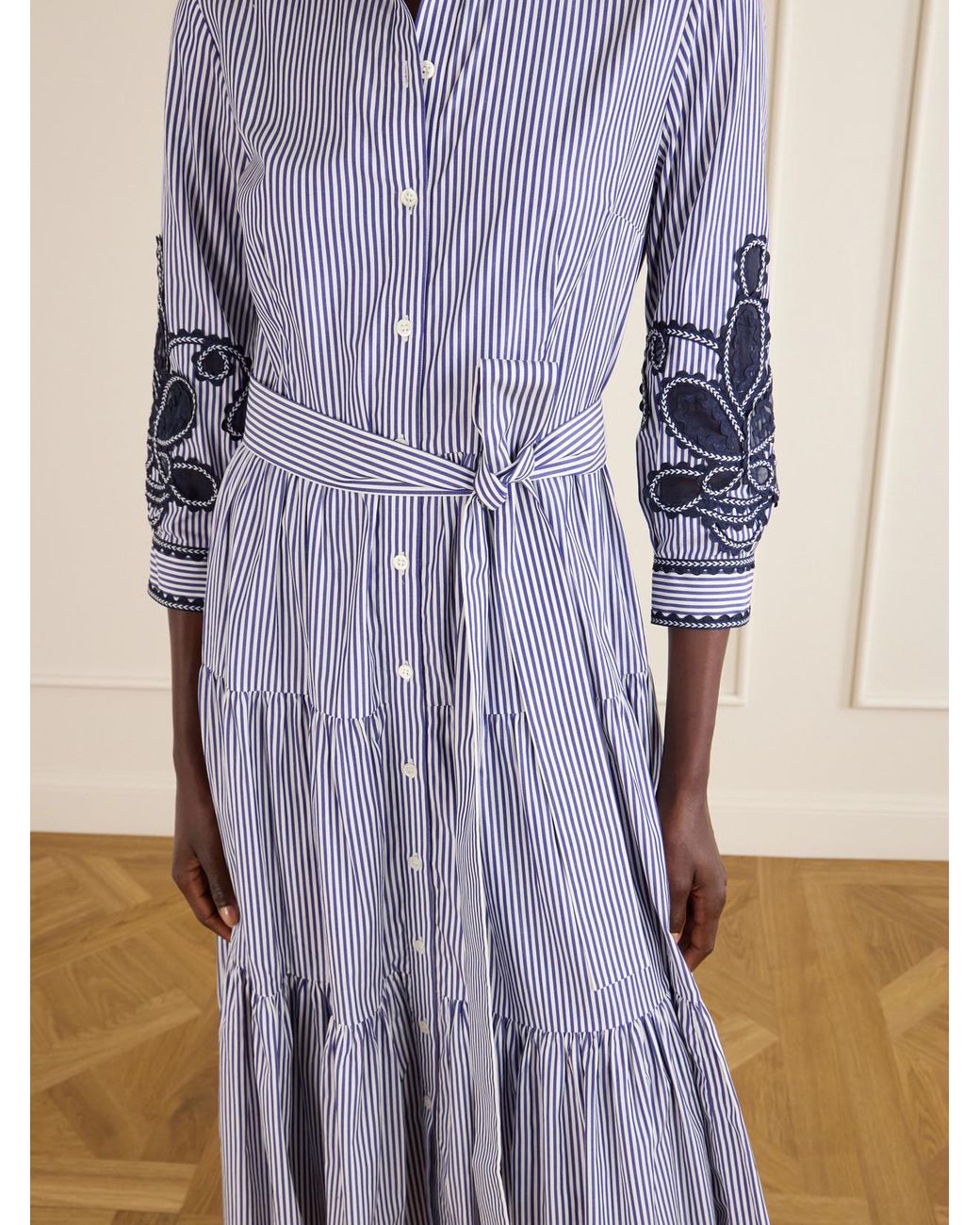 Carolina Herrera Blue Belted Tiered Embroidered Striped Cotton-Poplin Midi Dress