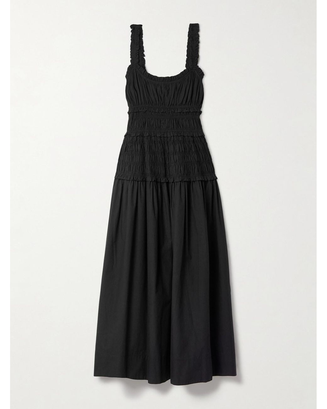 Doen Black Marianne Shirred Organic Cotton-Poplin Midi Dress
