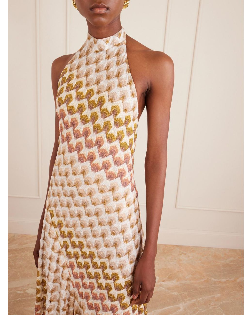 Missoni Natural Striped Metallic Crochet-Knit Halterneck Maxi Dress