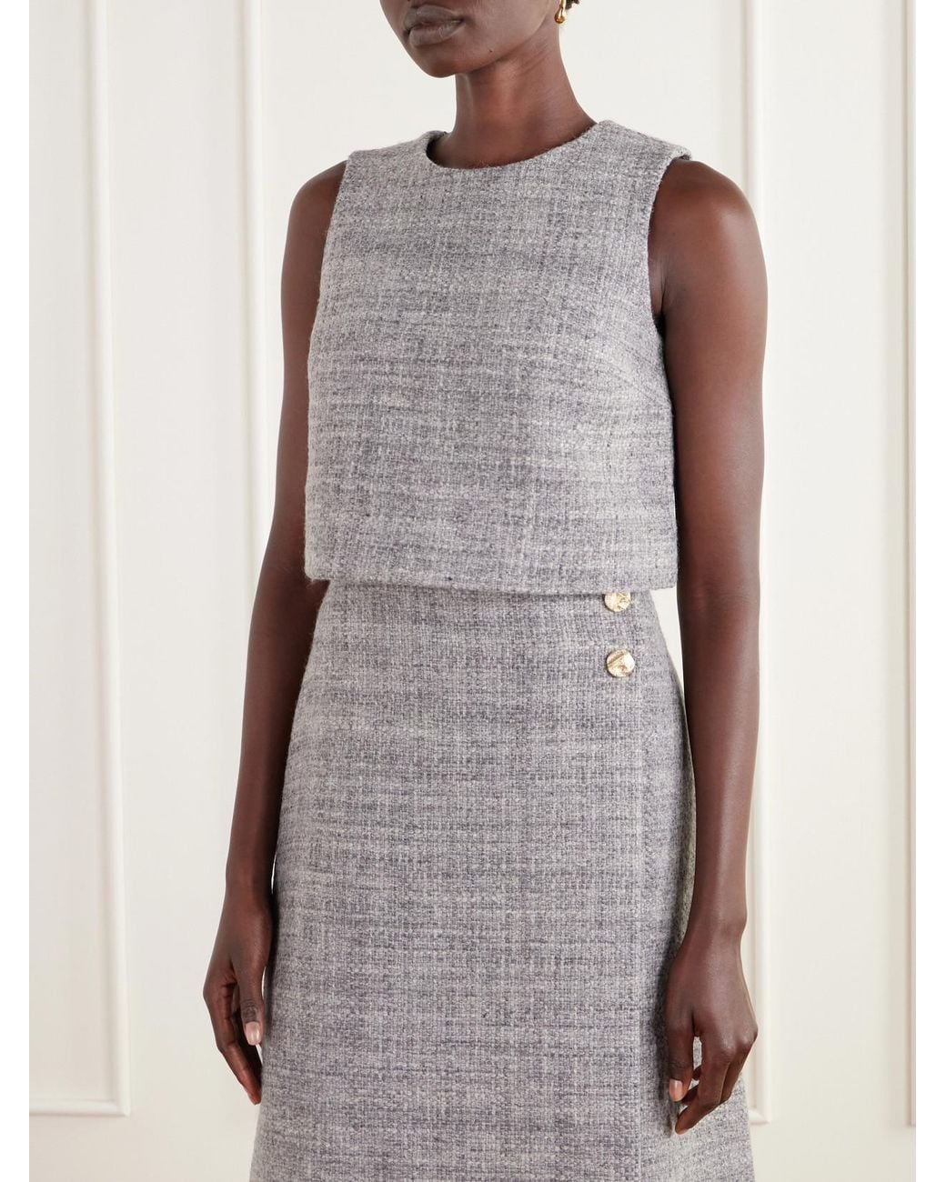 Cara Cara Gray Gina Plush-Trimmed Wool-Blend Tweed Top