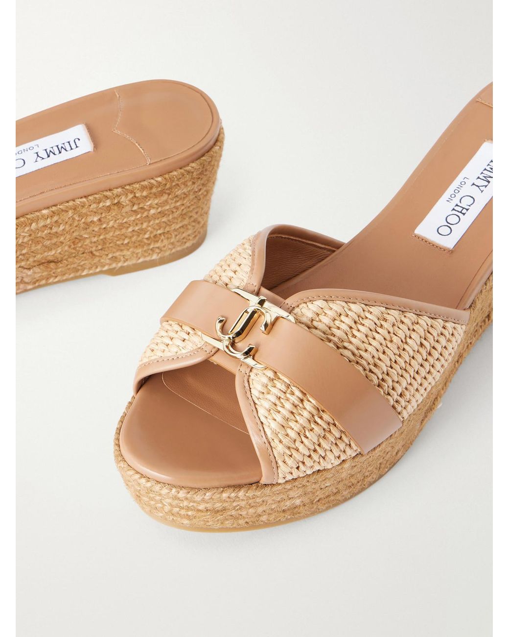 Jimmy Choo Natural Leda 50 Leather-Trimmed Raffia Platform Espadrilles