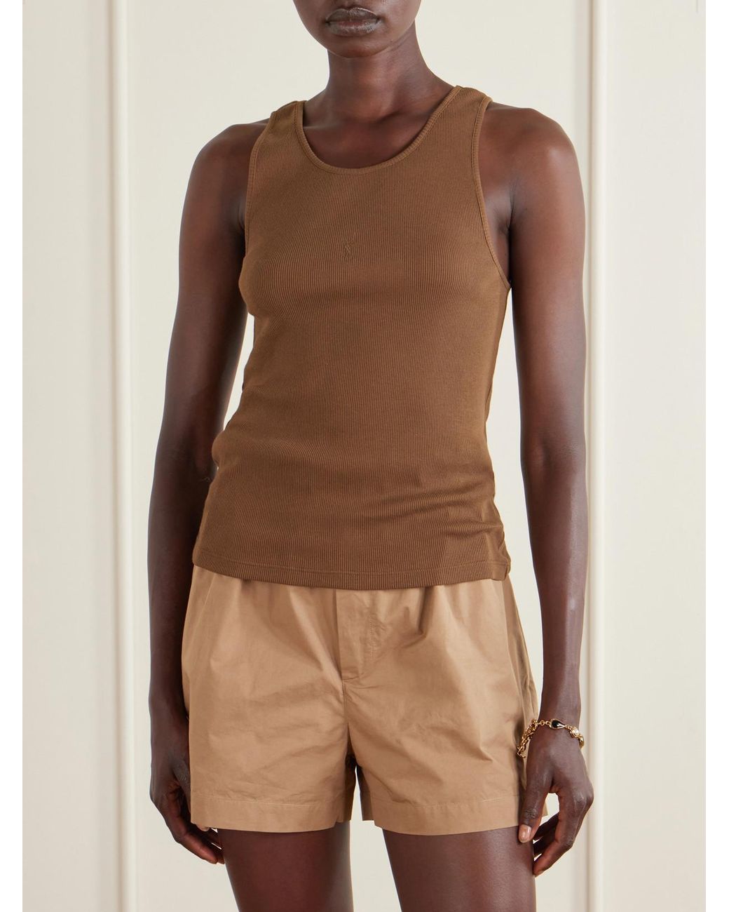 Saint Laurent Brown Cassandre Embroidered Ribbed Cotton-Jersey Tank