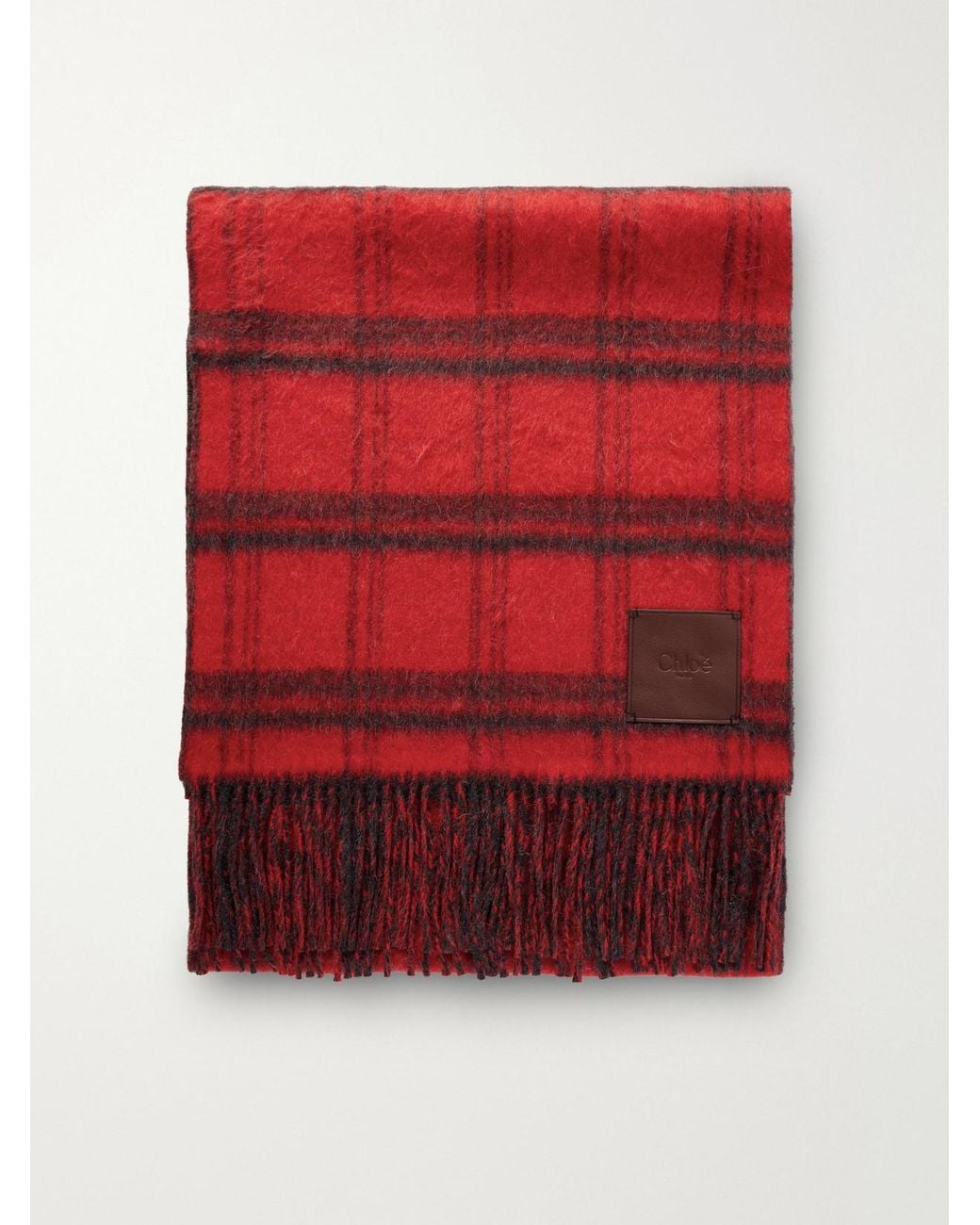 Chloé Red Logo-Debossed Fringed Checked Leather-Trimmed Alpaca And Wool-Blend Scarf