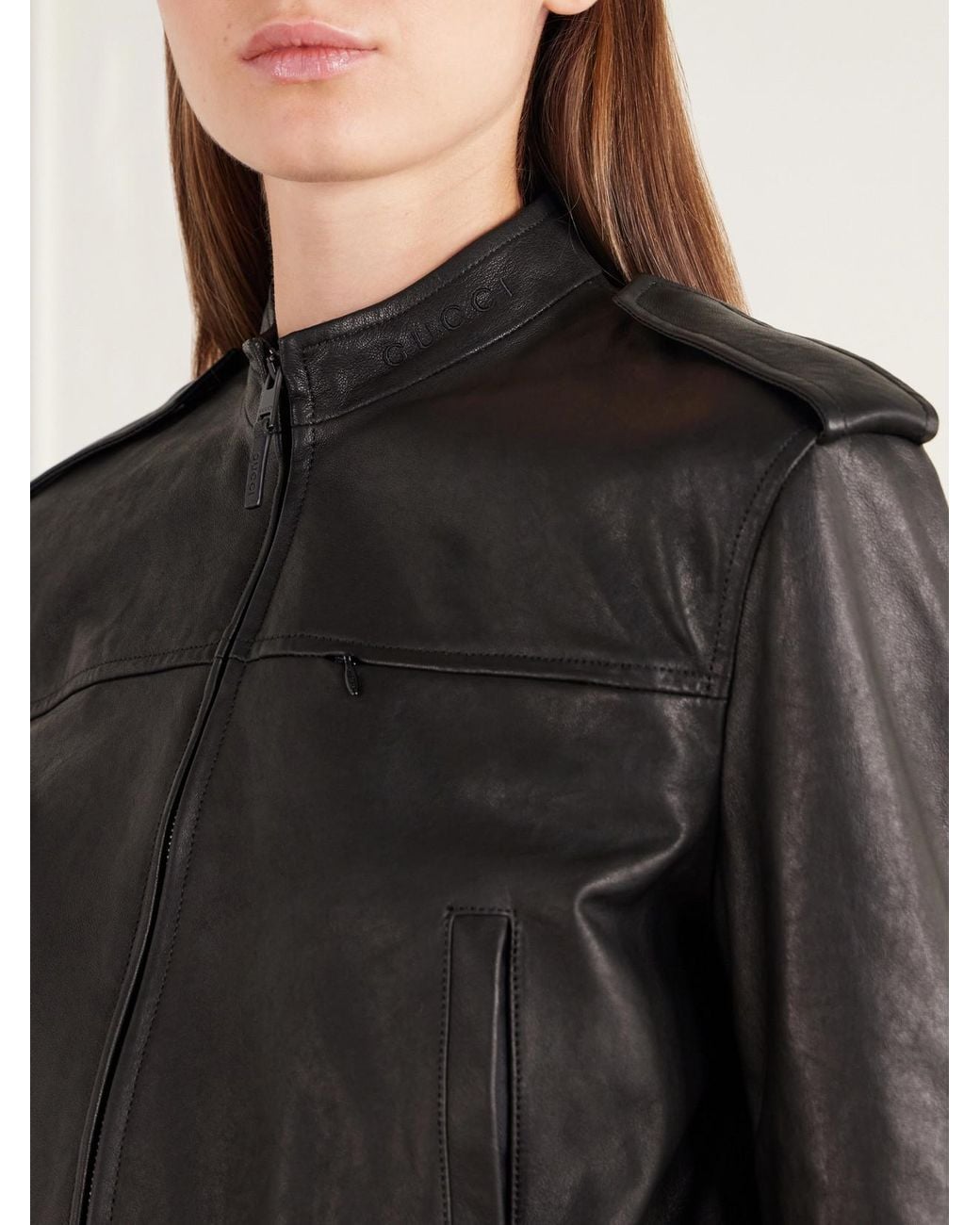 Gucci Black Cropped Paneled Rib-Trimmed Leather Jacket