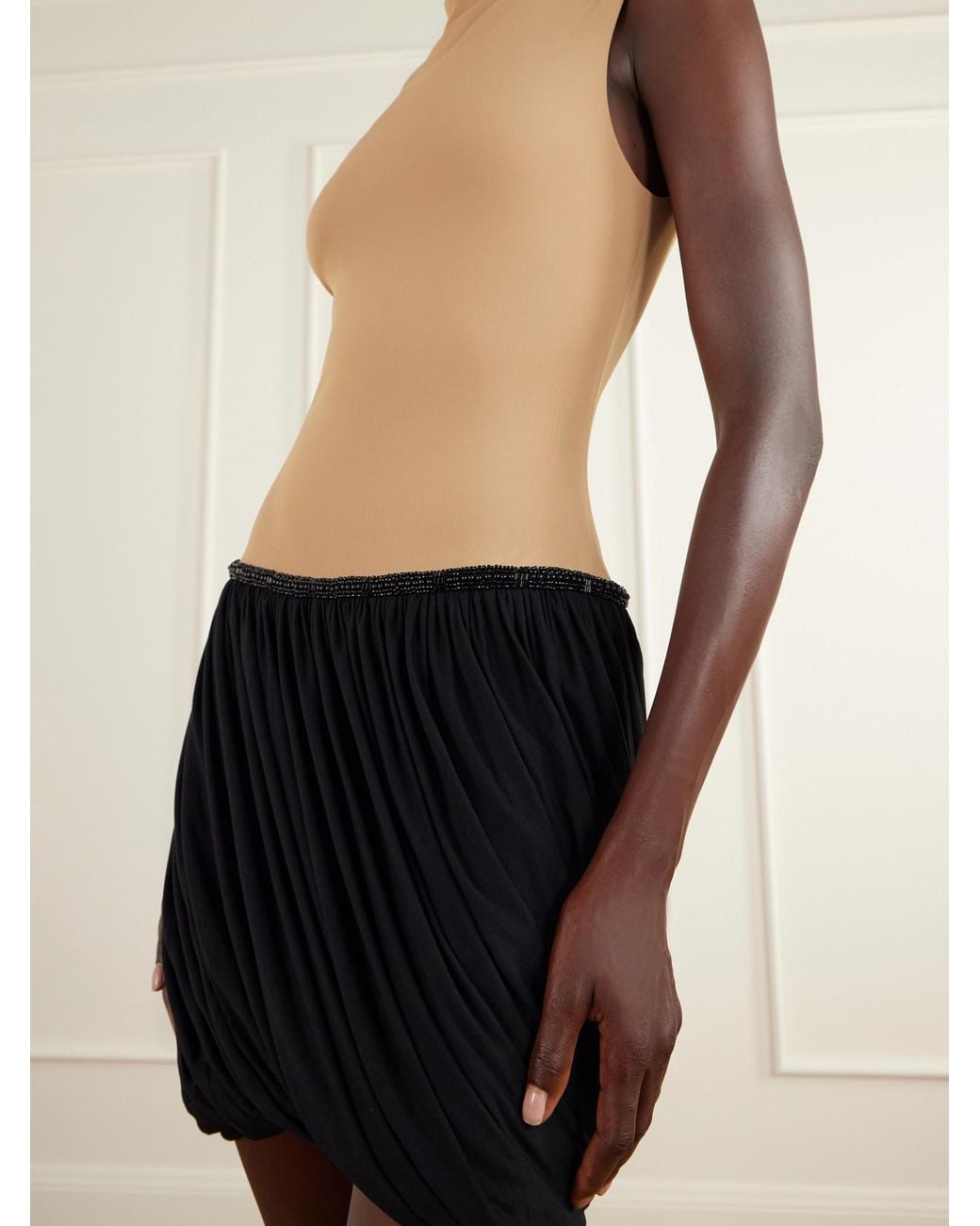 Abadia Black Draped Bead-Embellished Two-Tone Jersey Mini Dress