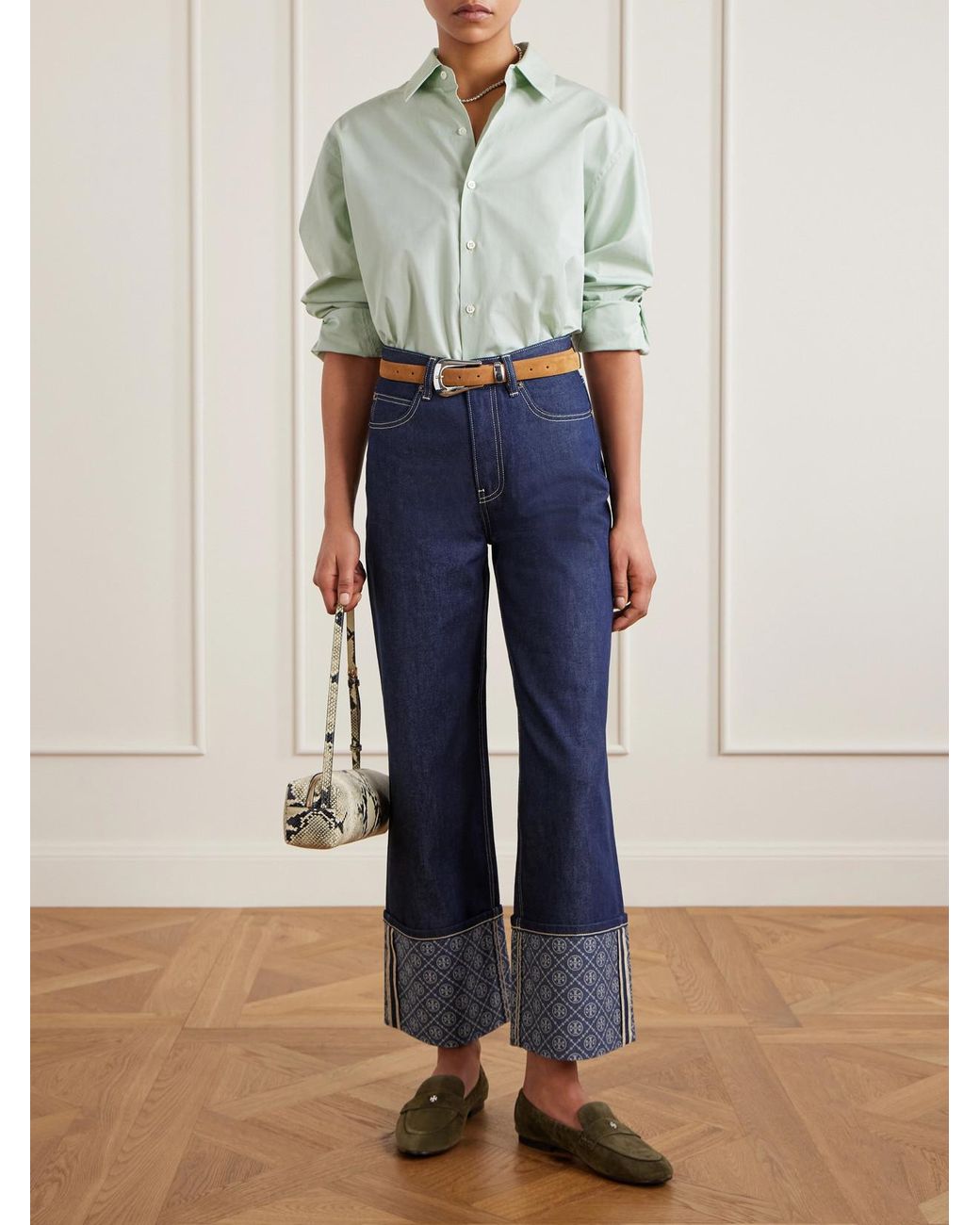 Tory Burch Blue Printed High-Rise Straight-Leg Jeans