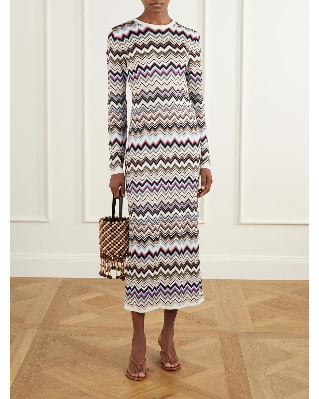 Missoni White Striped Crochet-Knit Midi Dress