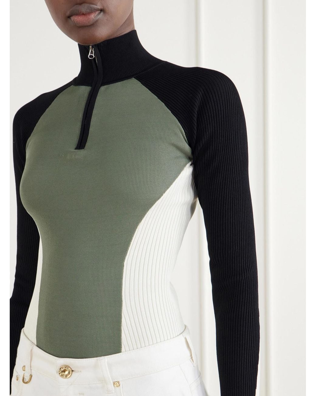 Zimmermann Green Clash Ribbed Jersey Half-Zip Sweater