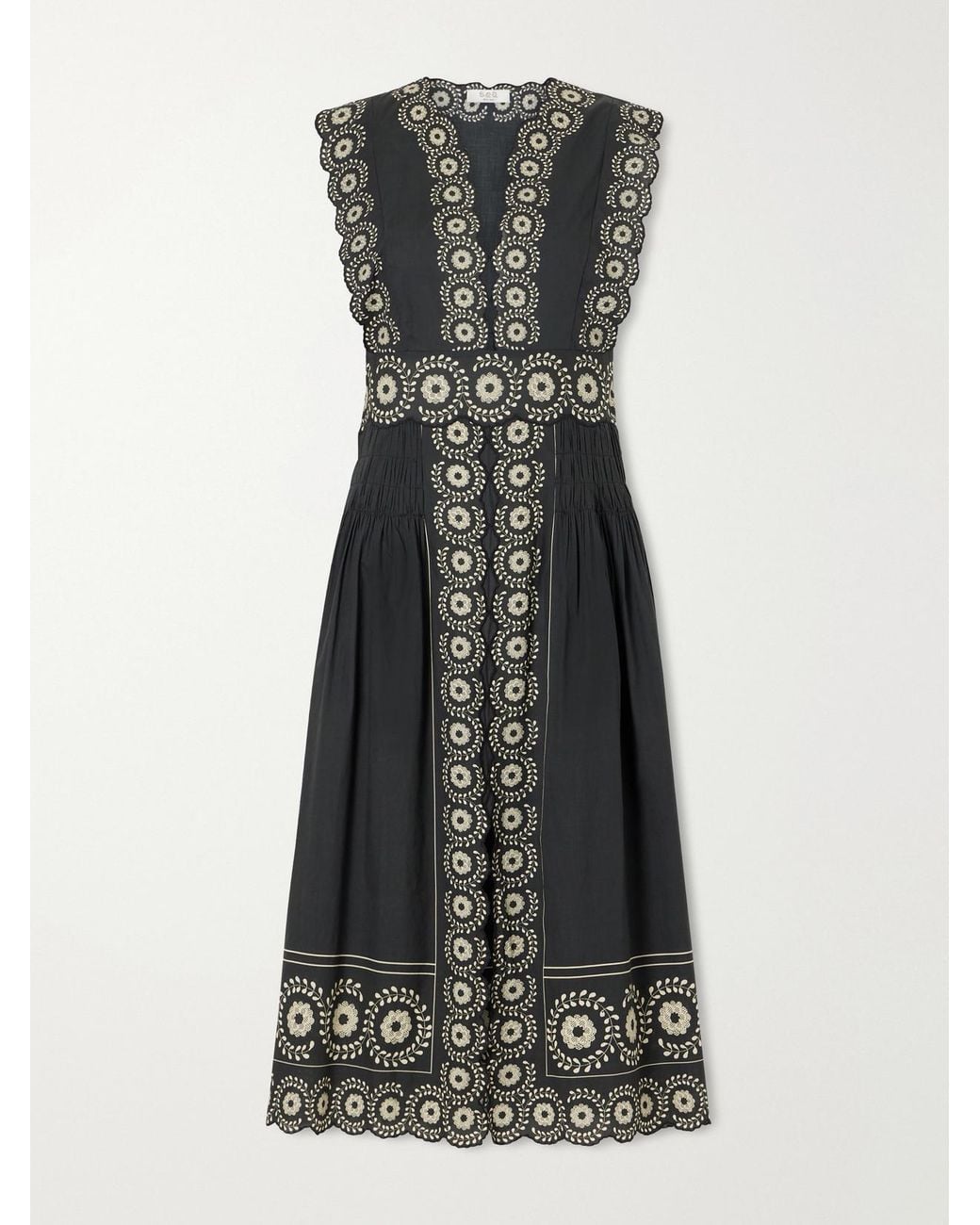 Sea Black Mirabel Scalloped Embroidered Cotton-Voile Midi Dress