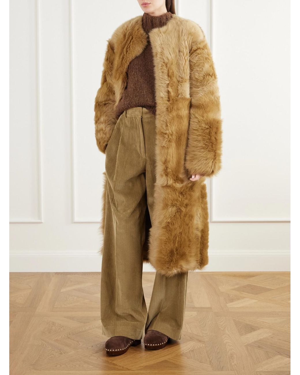 FFORME Natural Demi Reversible Belted Collarless Shearling Coat